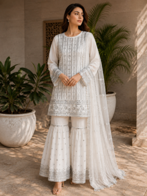 White Embroidered 3-Piece Suit with sharara