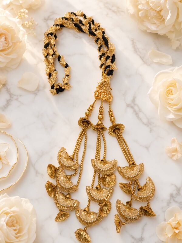 Traditional Golden Punjabi Paranda with Embellished Crescent & Beaded Latkan